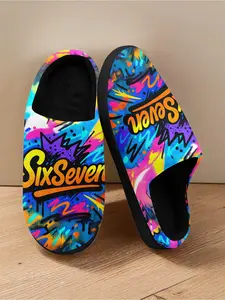 Men's Plus Size "SixSeven" Colorful Graffiti-Pattern Warm Indoor Slippers - Comfortable Cozy Home Footwear for Autumn & Winter