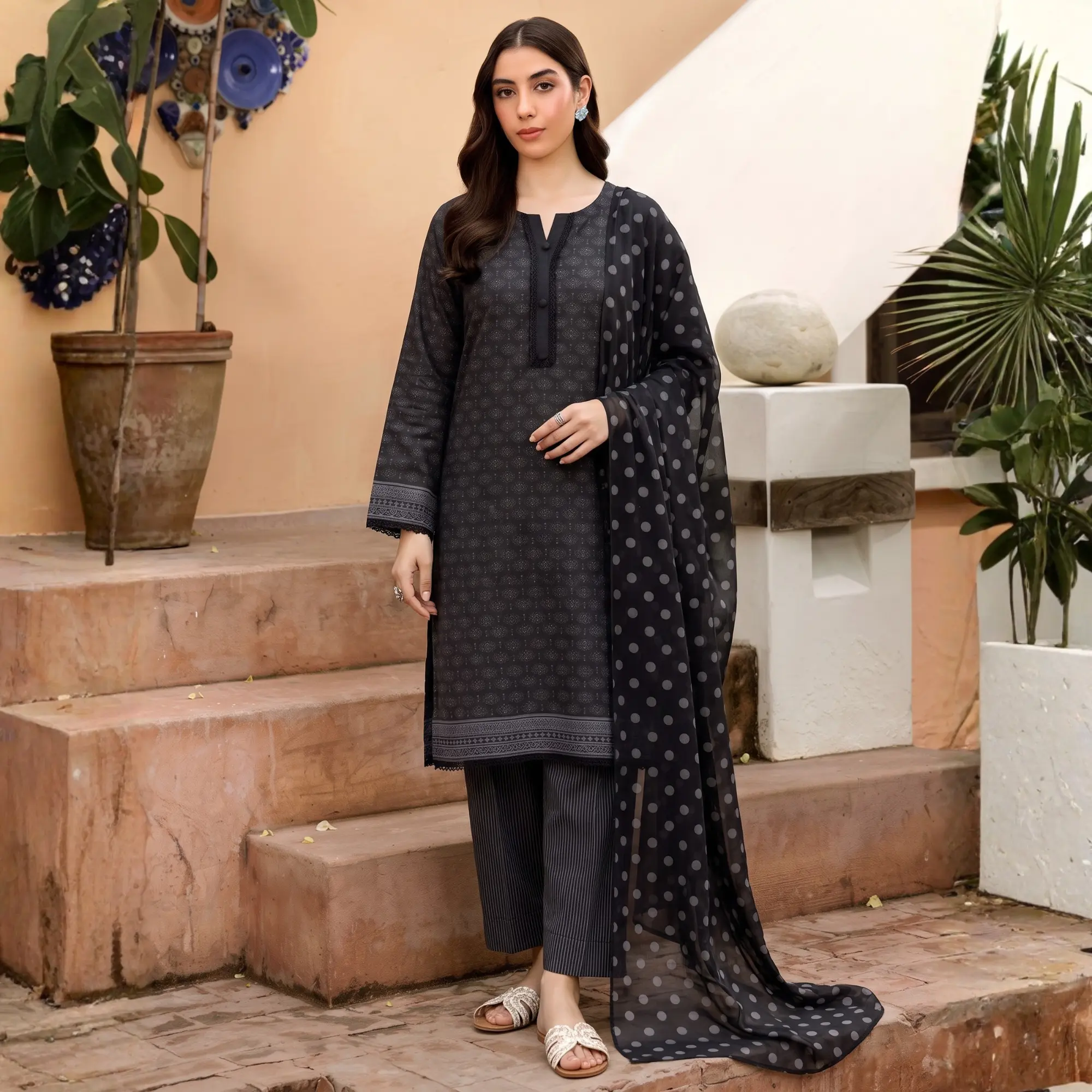 Black Printed Lawn Suit | Stitched Printed Lawn Shirt, Trouser & Chiffon Dupatta 3 Piece Women Pakistani Indian Eastern Dress