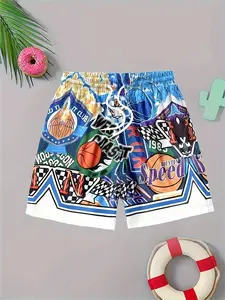 Boys' Fashion Printed Beach Shorts, Casual Summer Swim Trunks, Sun Protection Quick-Dry, Loose-Fit Vacation Pants for Kids