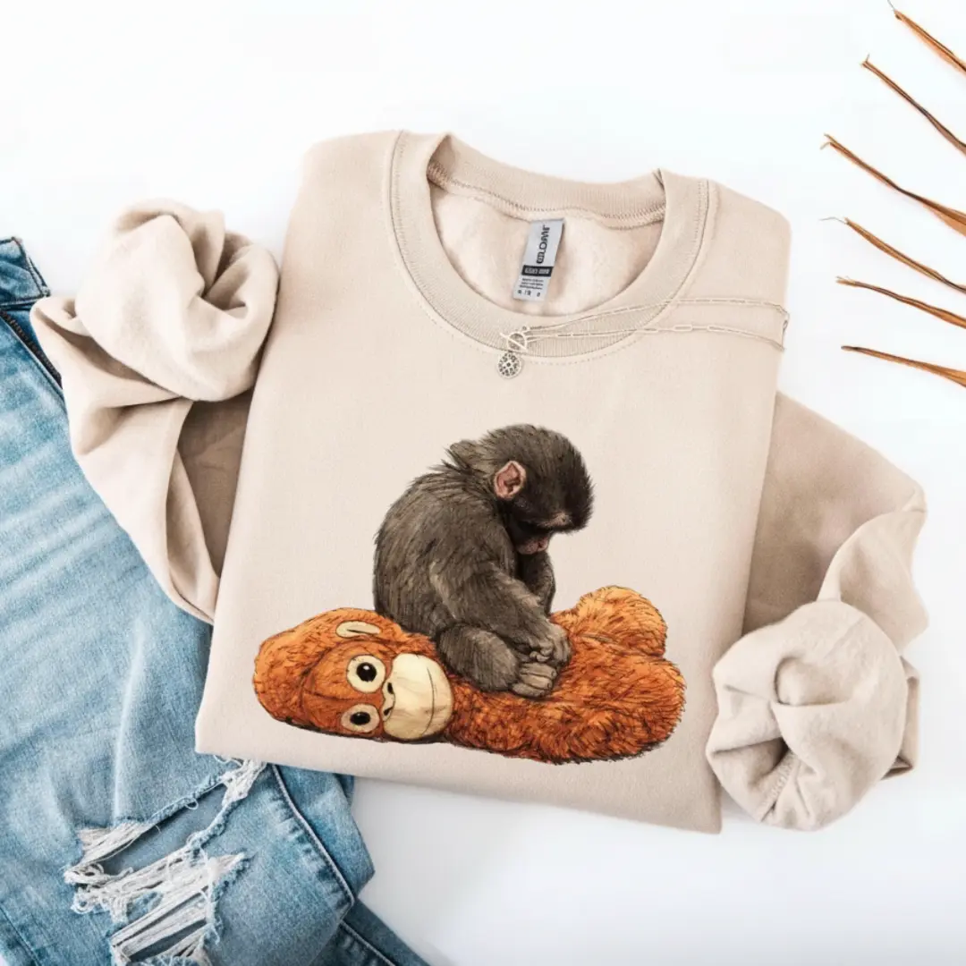 Monkey Punch Cozy Sweatshirt, Baby Monkey and Plush Toy Graphic Crewneck, Cute Viral Animal Shirt, Adorable Monkey Lover Gift, Trendy Meme Pullover