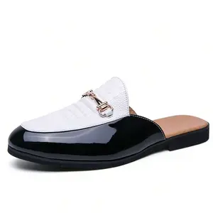 Men's Summer Breathable Penny Loafers, Half Slippers, Leather Sandals With Printed Pattern - Fashionable And Versatile