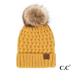 C.C Brand Winter Knit Pom Beanie in honey mustard yellow