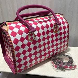Pink Checkered Speedy 15x8x10 READ with Matching Strap and Gold Hardware purple handles Fashionable Handbag