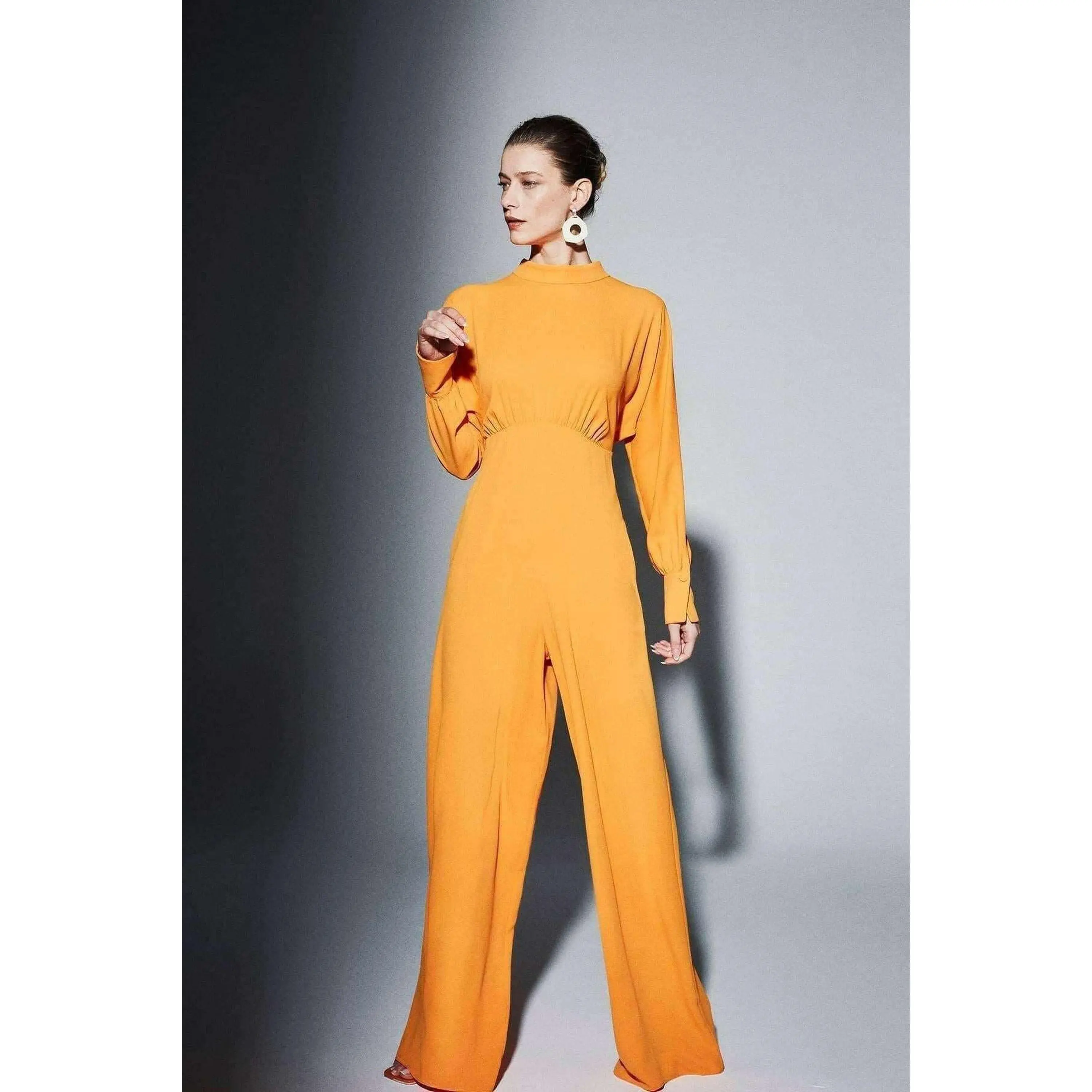 Draped Gathered High Waist Jumpsuit Orange - Modest Jumpsuits