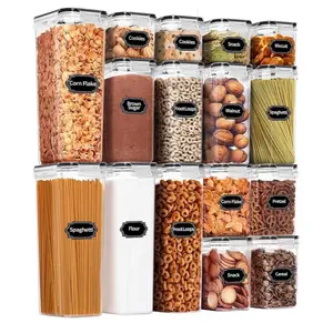 Airtight Food Storage Containers Set, 16 Pcs Plastic Dry Food Canisters for Kitchen Pantry Organization and Storage Ideal for Cereal, Flour & Sugar - Labels, Marker(Black) Reusable Two-Compartment Stackable Silicone Organiser Transparent Lids
