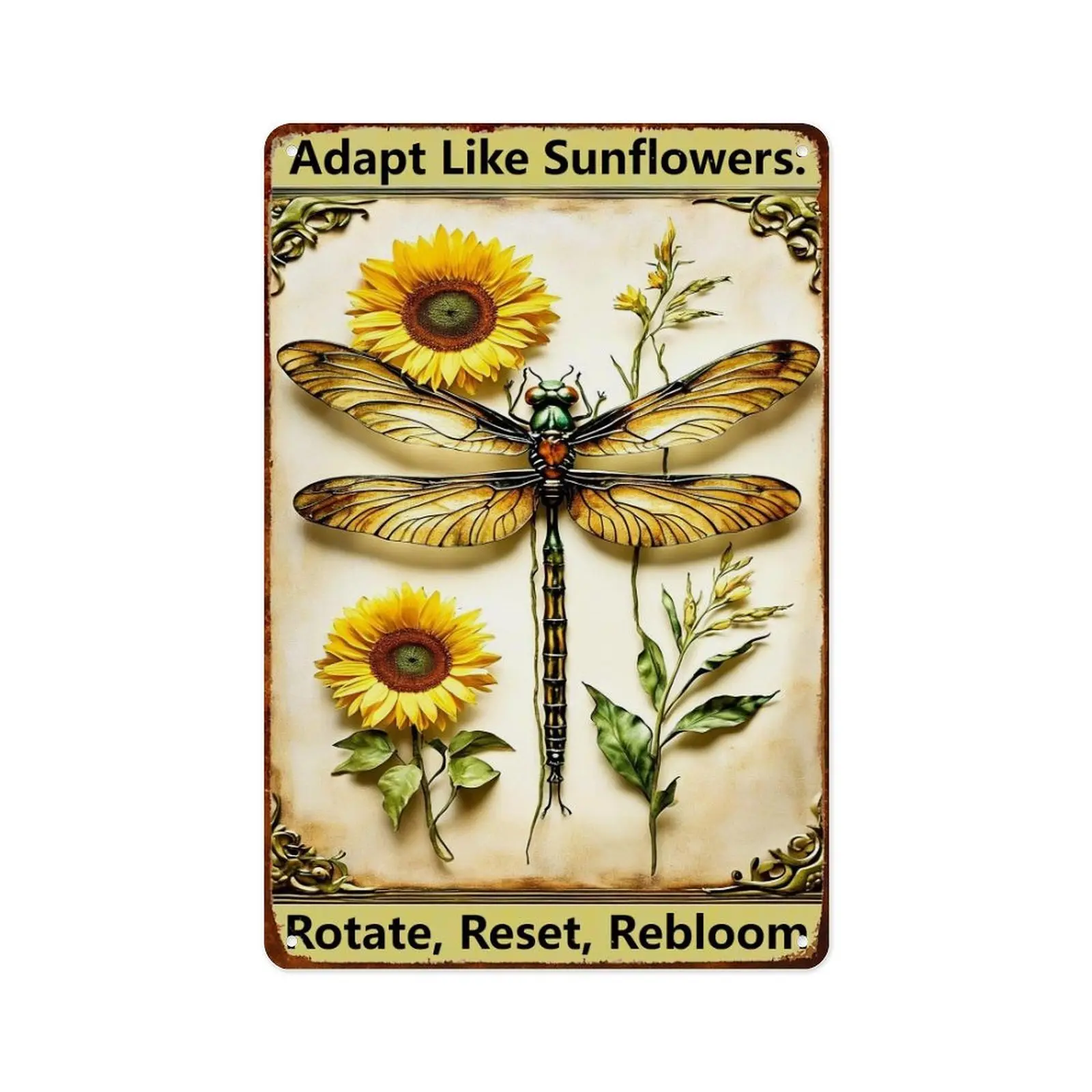 8x12 in Inspirational Sunflower Dragonfly Aluminium Metal Wall Sign, Vintage Home Decor for Living Space, Bar, Garden