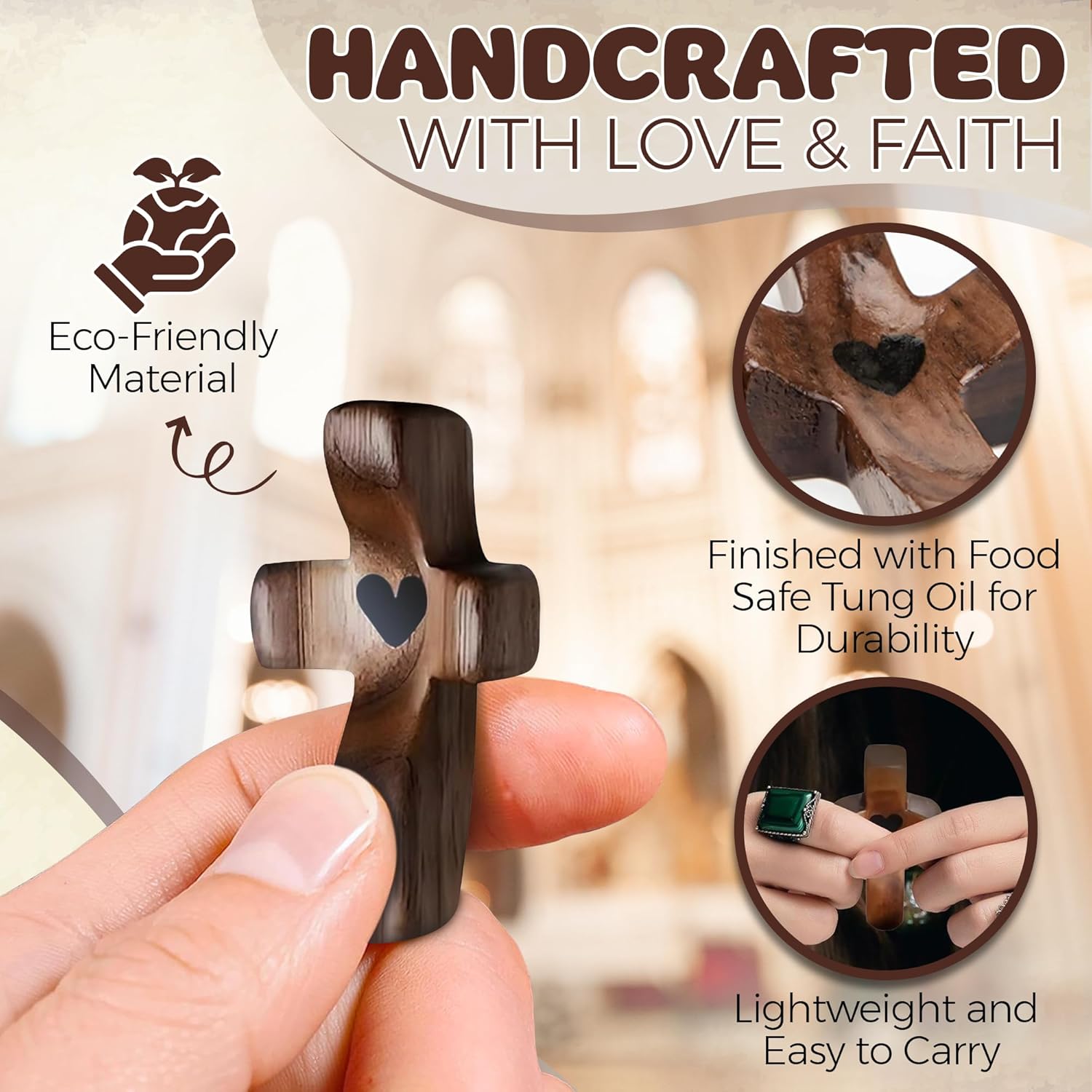 20/10/6/3PCS Pocket Wood Prayer Cross - Encouragement Gift, Fingertip Stress Relief Gifts, Ideal Christian Prayers for Handheld Use, for Personal Devotion, Family Prayer, Home Office Decor Religious Ornaments, Stress Relief Decoration Olive Set