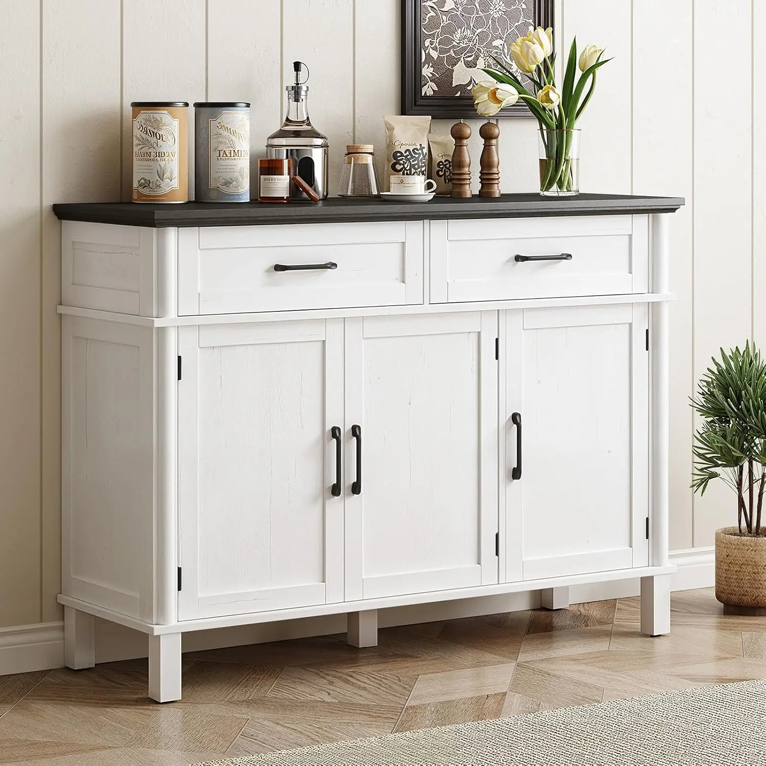 【SummerFinds】ONBRILL 48-Inch Farmhouse Cupboard Furniture - Sturdy Freestanding Wood Cabinet with Thickened Legs, 2 Drawers, 3 Doors, Adjustable Shelves, Easy Storage for Kitchen, Entryway