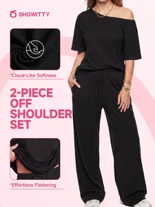 SHOWITTY Womens 2 Piece Lounge Set One Shoulder Top & Drawstring Wide Leg Pants with Pockets Casual Outfit (Summer Ease Collection)