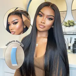 【Upgrade】Yawawe Hair Drawstring Wear Go Glueless Wigs 13x6 HD Lace Frontal Wigs Human Hair Pre Plucked Straight Wigs Human Hair for Women Natural Black with free Sideburns Stickers