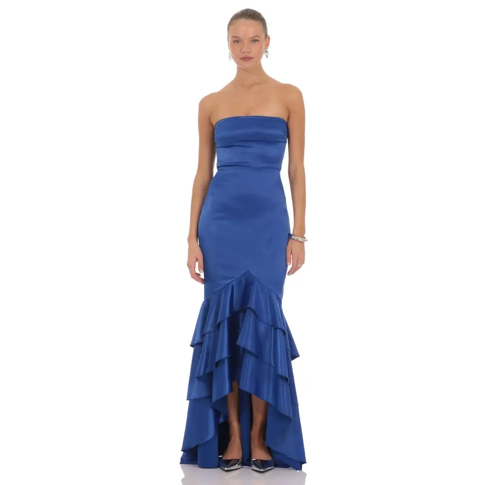 Strapless Ruffle Satin Maxi Dress in Cobalt Blue