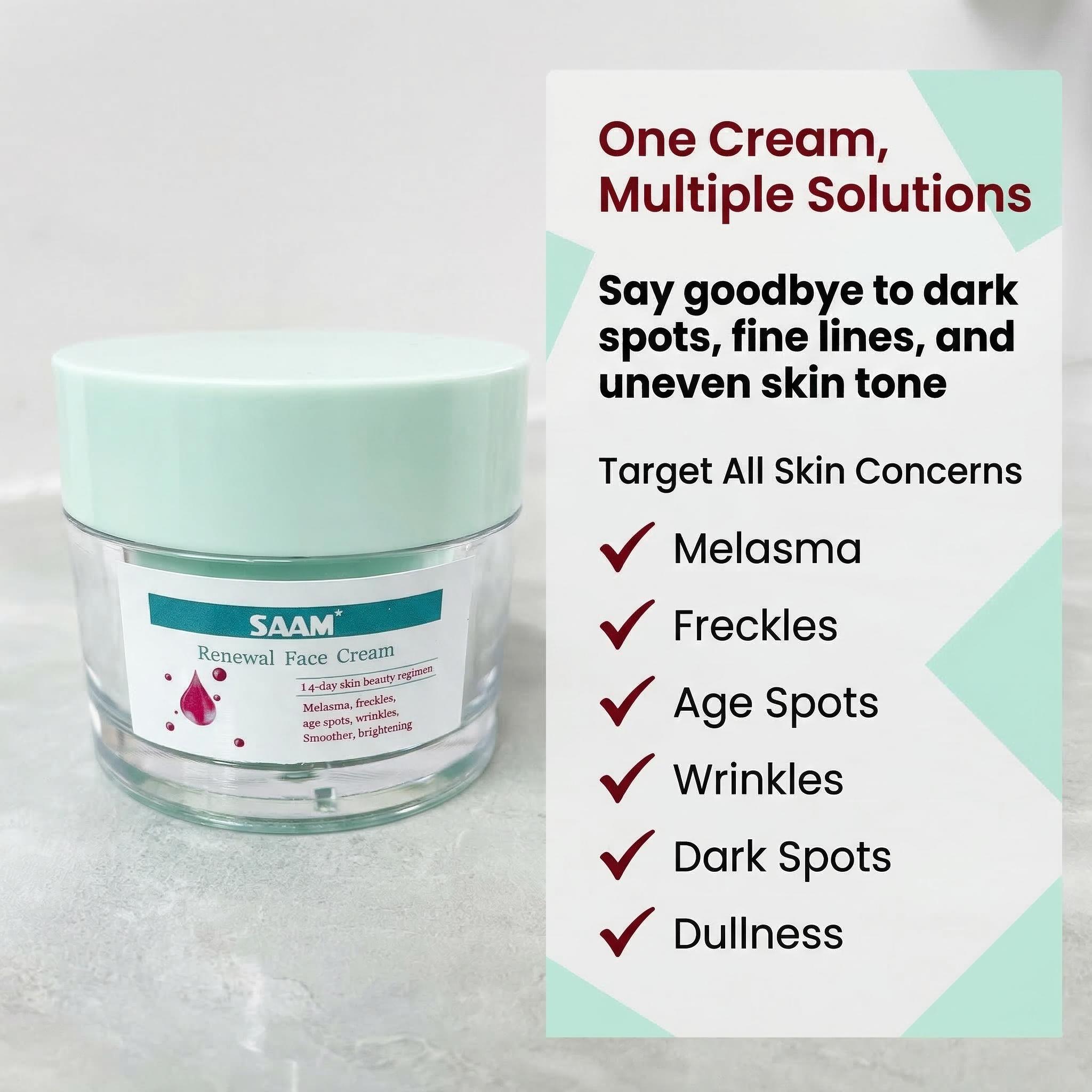Sam Renewal Facial Massage Cream, Daily Moisturizer for Adults - 14-Day Glow Boost, Brightening Formula Helps Improve Dark Spots, Freckles, Fine Lines & Skin Repair