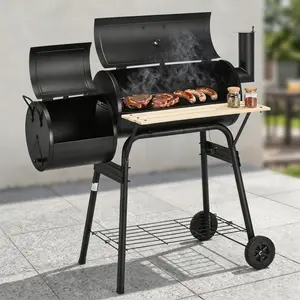 Outdoor Charcoal BBQ Grill with Offset Smoker, Portable Barbecue Pit with Wheels & Wood Side Shelf, Heavy Duty Grill for Patio, Picnics, Parties & Camping fathersdaygift
