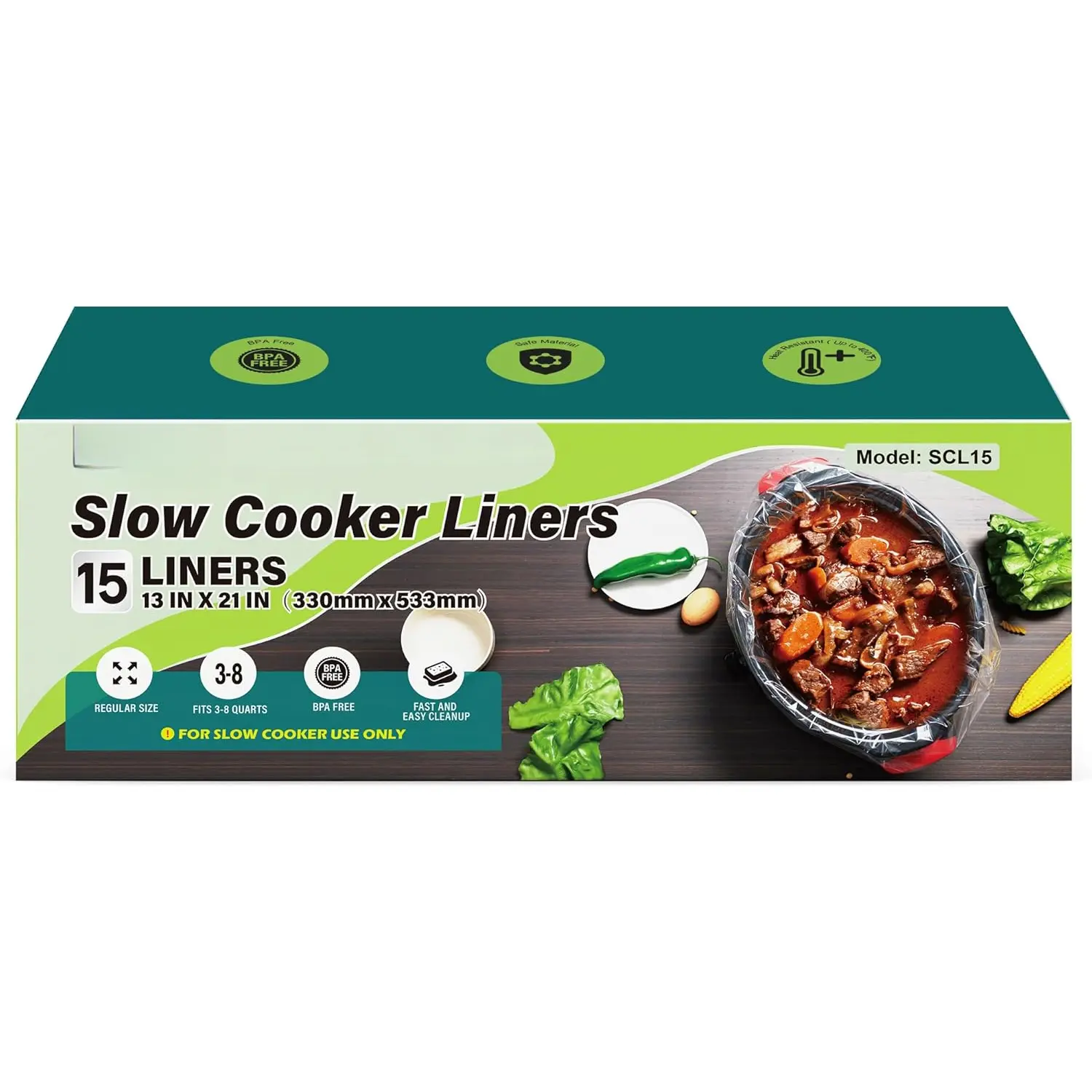 Slow Cooker Liners, 15 Count Cooking Bags Large Size Disposable Pot Liners Plastic Bags, Fit 3QT to 8QT for Slow Cooker Cooking Trays, 13"x 21", 15 Liners