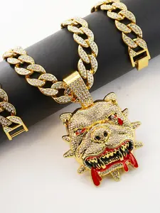 Hot Selling Men's Watch with Water Drill, Cross Roman Numerals, Large Scale, New Ghost Design, Bull Dog Pendant Necklace Set, Fashionable Jewelry Set