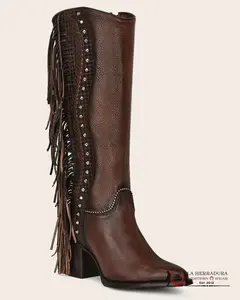 CUADRA WOMENS ARGELIA BROWN STUDS & FRINGE TALL BOOT POINTED TOE CU695