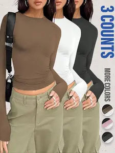 Women's Solid   Long Sleeve Tee, Casual Basic Crew Neck T-shirt for Daily Wear, Ladies Clothes for All Seasons