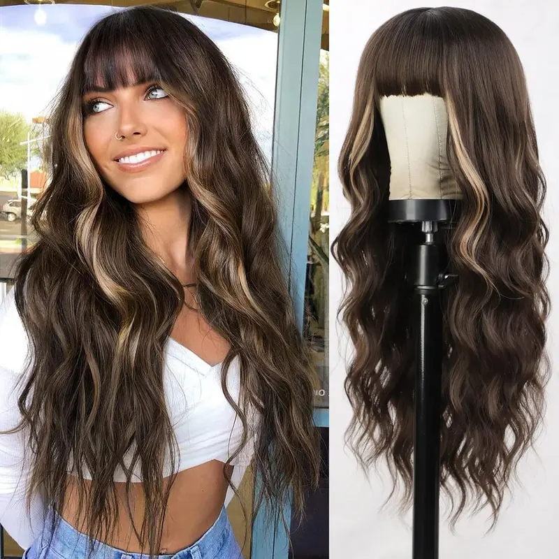Fluffy Brown Curly Wig with Mixed Blonde Highlights 28 Inch Long Synthetic Wigs for Women Natural Everyday Wear Glueless Heat Resistant with Bangs for Daily Party Cosplay Halloween