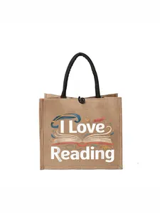 Simple Linen Tote Bag, Printed Handbag"I Love Reading" Artistic Jute Tote Bag - Eco-Friendly Brown with Black Handle, Cute Open Book Design, Perfect for Book Lovers, Shopping, and Daily Use, Stylish and Practical Eco-Conscious Accessory.Large Capac