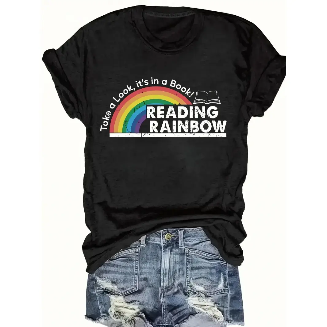Womens Cotton Short Sleeve Rainbow Graphic Tee Reading Lover Shirt Cute Teacher Librarian Outfit Soft Breathable Casual Summer Top