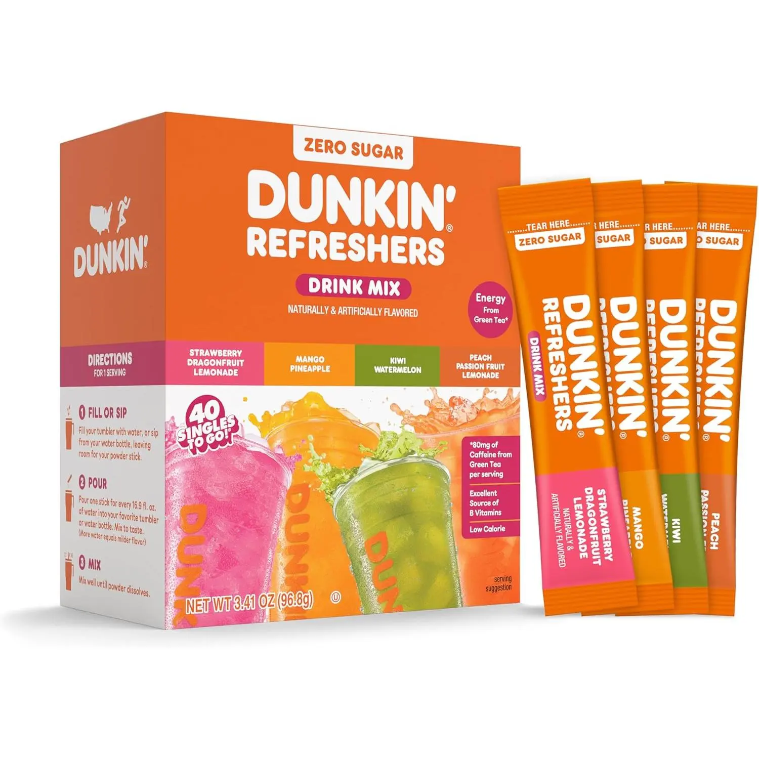 Dunkin’ Refreshers Singles To Go! Zero Sugar Powdered Drink Mix, 40 Ct Variety Pack, Energy from Green Tea, Aspartame-Free, No Synthetic Colors, 40 Single-Serve Packets, Just Add Water