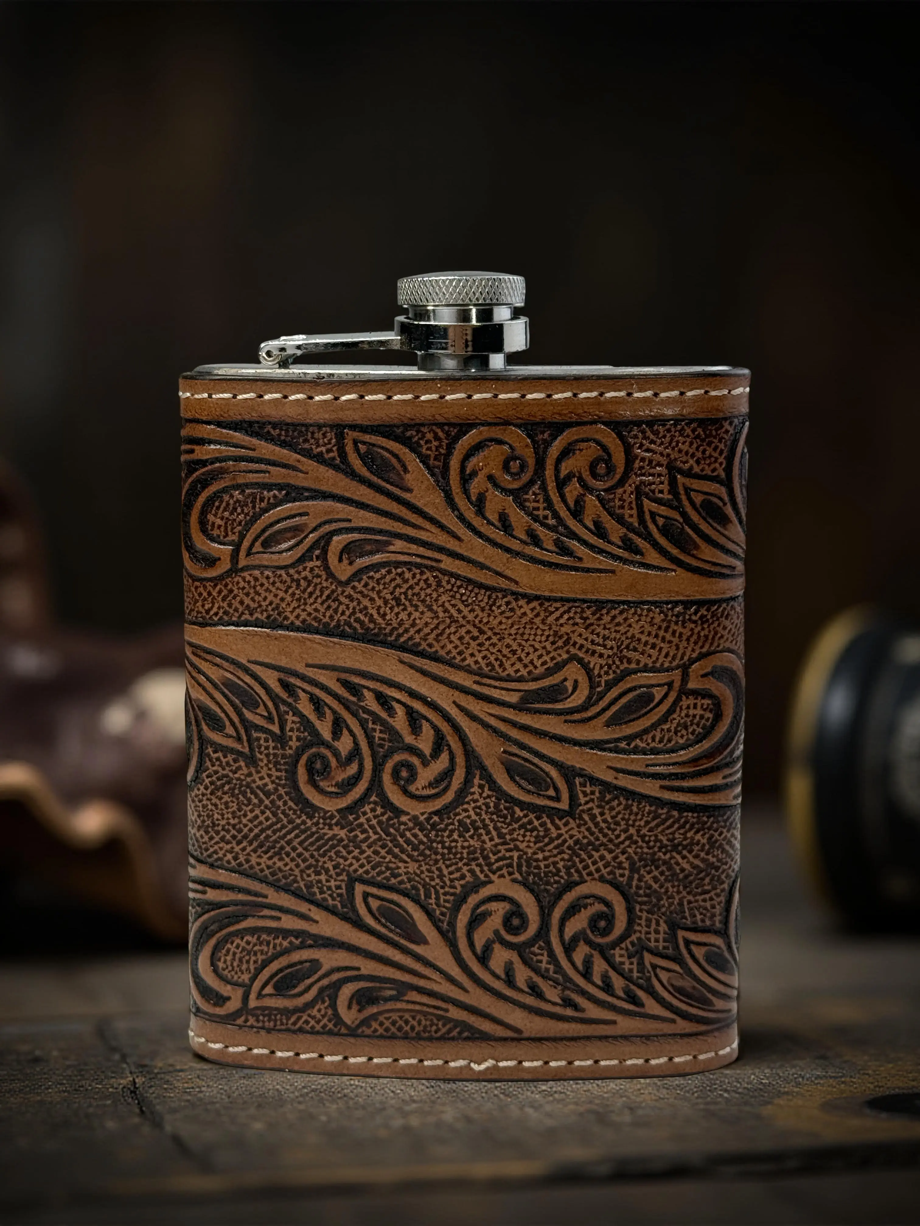 Leather Hip Flask Western Tooled Genuine Leather wrapped flask leather gift for her him anniversary leather gift