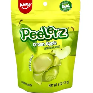 AMOS Peelerz Gummy Green Apple Peelable Fruit Shaped Candy 6 oz (170g) - Sweet, Juicy, and Chewy Gummies in Resealable Bag - Snack Soft Mangga Tropical Tangy