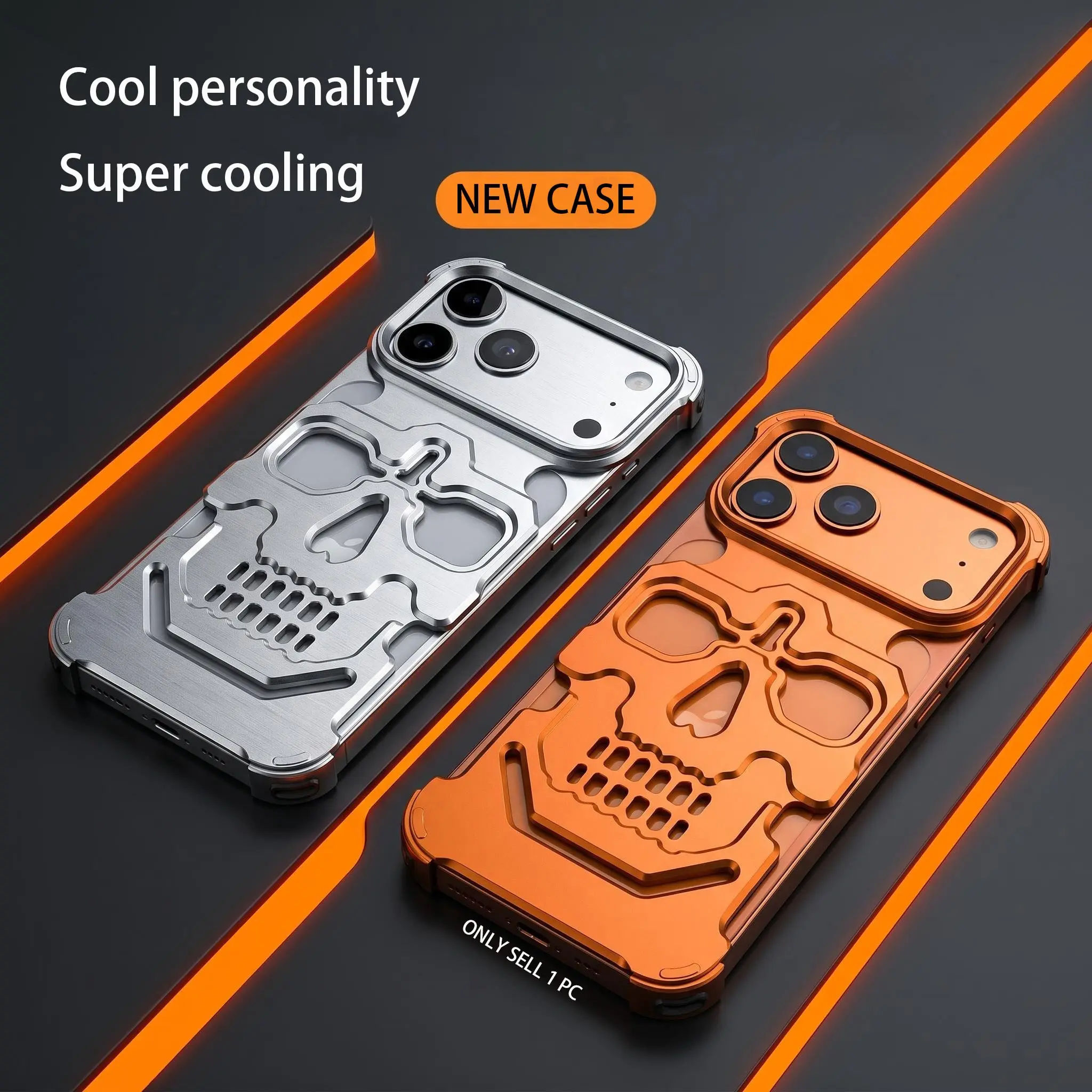 Creative punk skeleton iPhone 17 Pro Max phone case, made of elegant aluminium metal alloy material, ultra-thin anti drop protective case, stylish and cool design