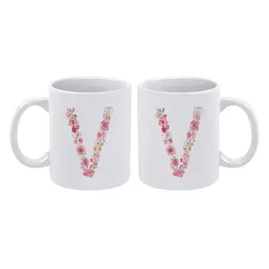 1pc Cool Initial Alphabet Monogram Flowers Floral Letter V Mug