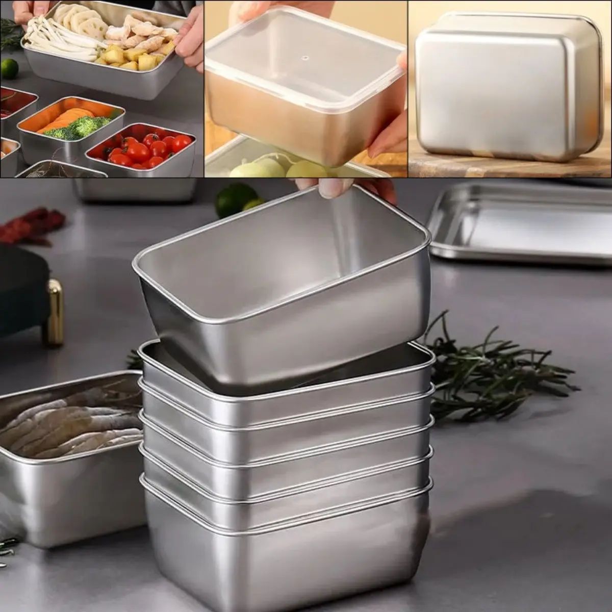 3-Piece Stainless Steel Square Lunch Box Set - Multi-Size, Leak-Proof Lids, Kitchen Utensils, Stackable Set, Wear-Resistant, Eco-Friendly, Easy-to-Clean, Machine-Washable for Lunch Prep, Meal Planning (Home, Outdoor Food Storage Solutions)