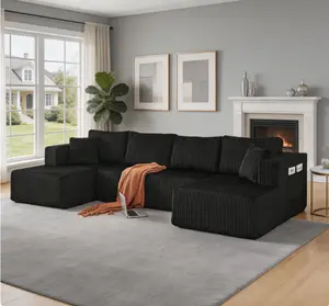 132" U-Shaped Modular Sectional Sleeper Sofa - Modern Minimalist Corduroy Memory Foam Cloud Couch with Side Pockets, No-Assembly Comfy Living Room Furniture