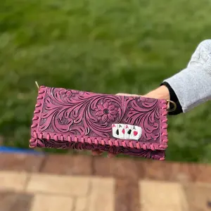 Pink Tooled Leather Card Wallet