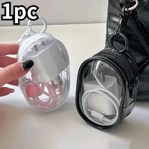 Portable Mini Transparent Zipper Storage Bag, 1 Count Compact Multi-functional Storage Bag, Fashion Headphone & Charger Box with Keychain, Data Cables