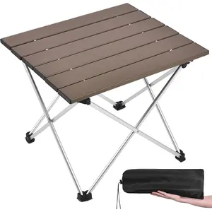 Portable Camping Table with Aluminum Top, Foldable Beach Table, Easy to Carry, Perfect for Outdoor, Picnic, BBQ, Cooking, Festivals, Beach, Family Use (Coffee Color-S)