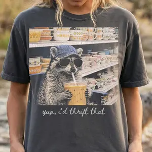 Funny Racoon Thrifting T-shirt, Thrift Store Shopping, Money Saving Hobby, daughter who thrifts, thrift store deals coquette, thrift store work Shortsleeve