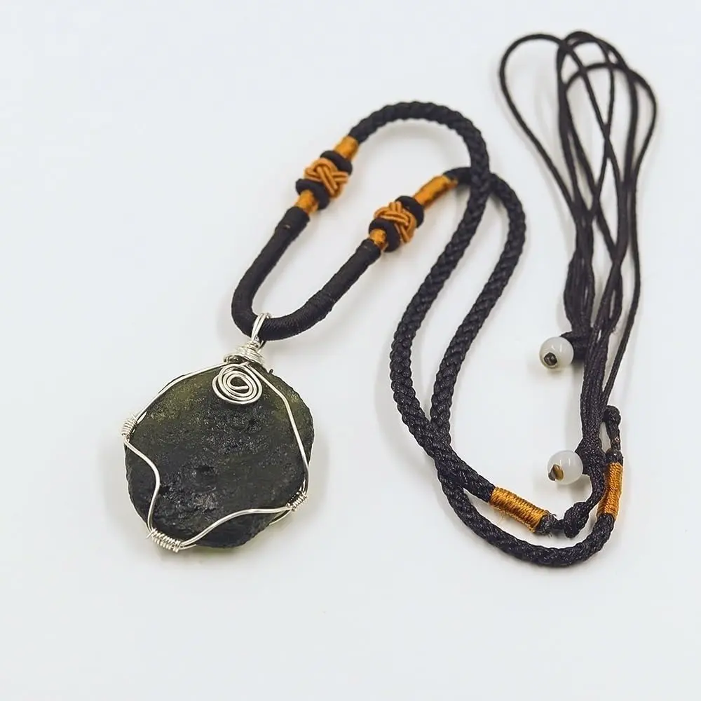 Rough Moldavite Crystal Gift Necklace, Raw Irregular Czech Meteorite Stone, Silver Wire-Wrapped Pendant with Adjustable Cord, 25*18*5Mm, 5-10G/0.17-0.35Ounces, One-Piece