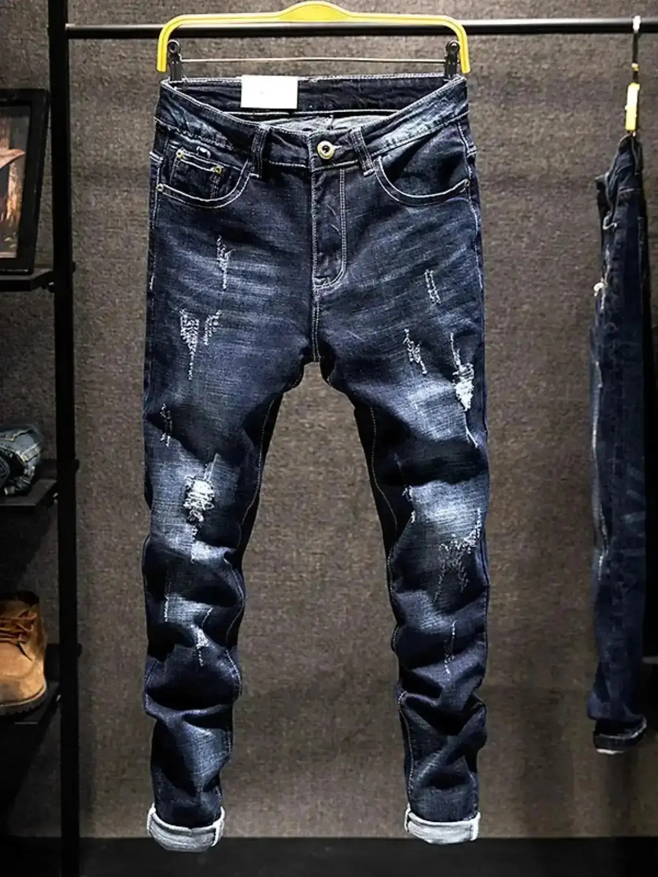 Men's Fresh Distressed Skinny Jeans, Natural Elastic Long Pants, Modern Korean Fashion, Ripped Fit, Pocket and Blue Style, Dark Wash, Stretch Fabric and Boho Style, Premium Feel and Outfit Completer, Streetwear