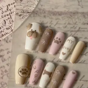 3D Puppy & Cat Paw Press-On Nails, Kawaii Hand-Painted Reusable Premium Charm Manicure Accessory, Cute Animal Nail Art Beauty Gift for Enthusiasts