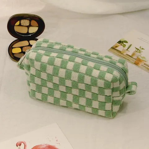 Cute Checkerboard Pattern Cosmetic Bag, Travel Cosmetic Bags, 1 Piece Large Capacity Knitting Storage Bag, Fashion Portable Make-up Bag for Women and Girls, Makeup Organizer Pouch, Cosmetics Bag, Travel Beauty Bag