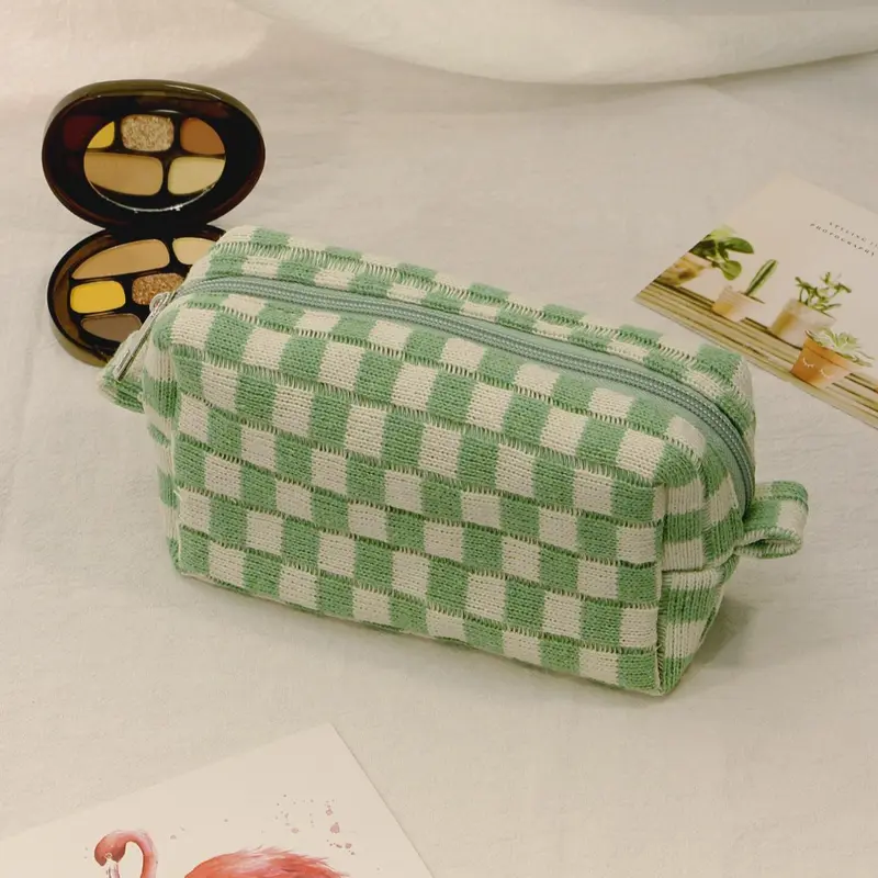 Cute Checkerboard Pattern Cosmetic Bag, Travel Cosmetic Bags, 1 Piece Large Capacity Knitting Storage Bag, Fashion Portable Make-up Bag for Women and Girls, Makeup Organizer Pouch, Cosmetics Bag, Travel Beauty Bag