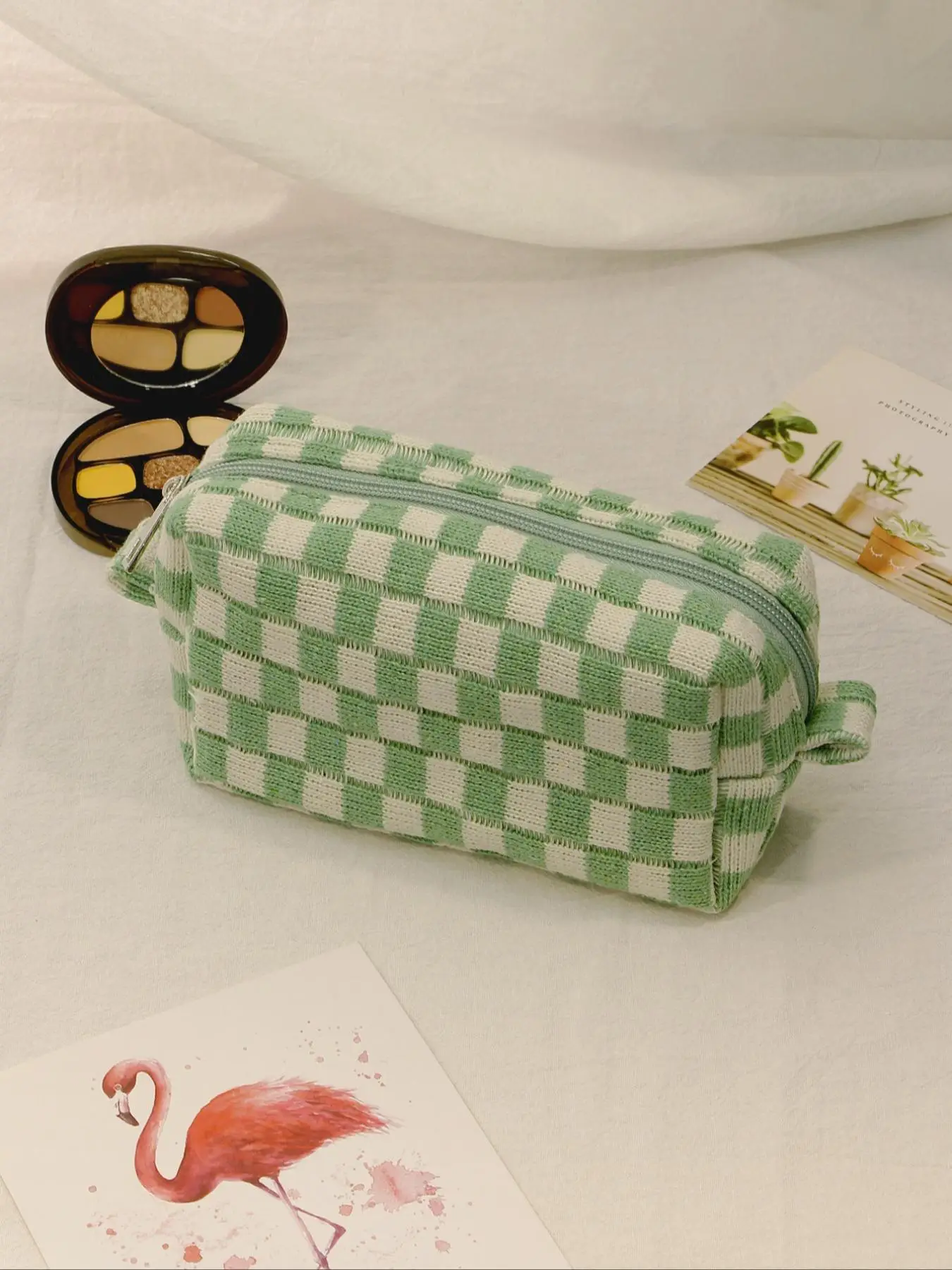 Cute Checkerboard Pattern Cosmetic Bag, 1 Piece Large Capacity Knitting Storage Bag, Fashion Portable Make-up Bag for Women and Girls