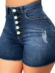 Women's Dark Wash High Waisted Denim Shorts, Button Fly Frayed Hem, Vintage-Inspired Casual Summer Bottoms, Edgy Chic for Weekends