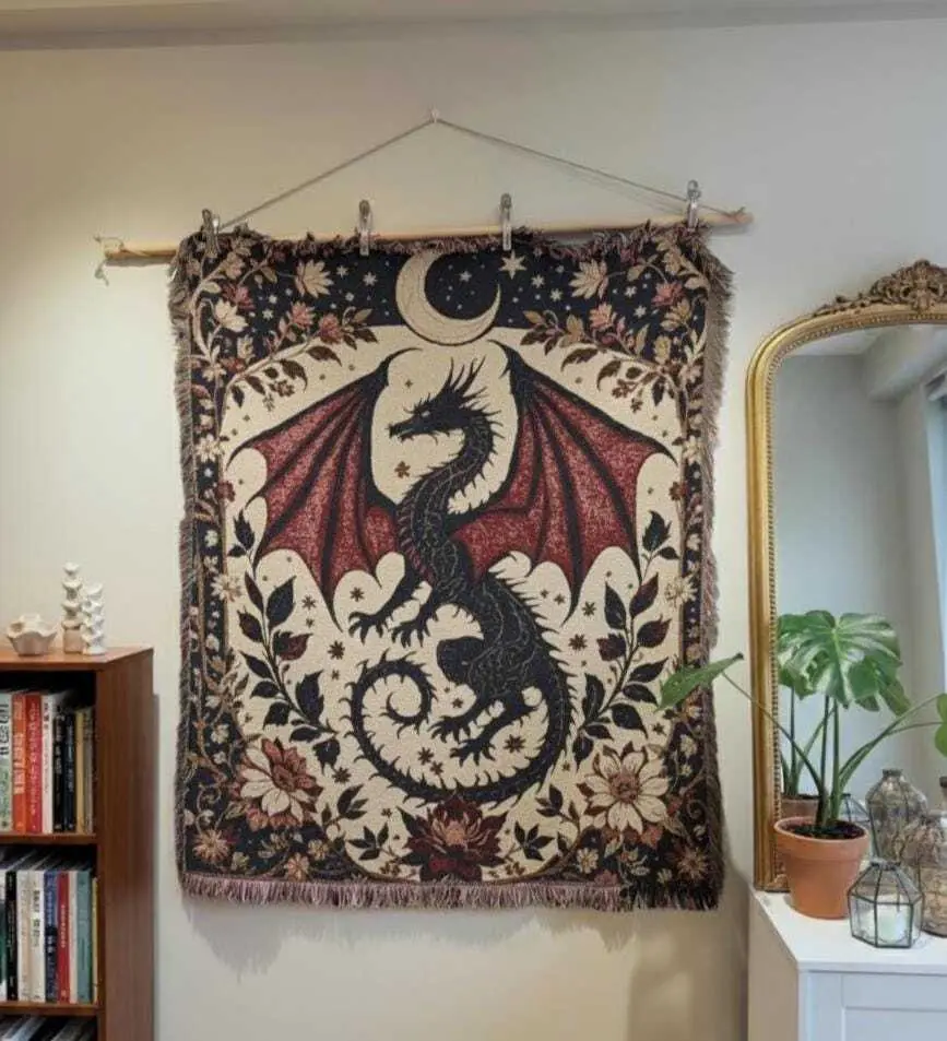 Gothic Dragon Woven Tapestry | Dark Academia Throw Blanket