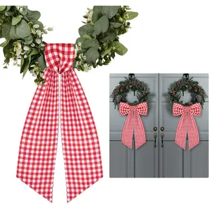 2 Pack Boxwood Wreath Sash for Front Door Garland Porch Decor (White and Red Plaid)