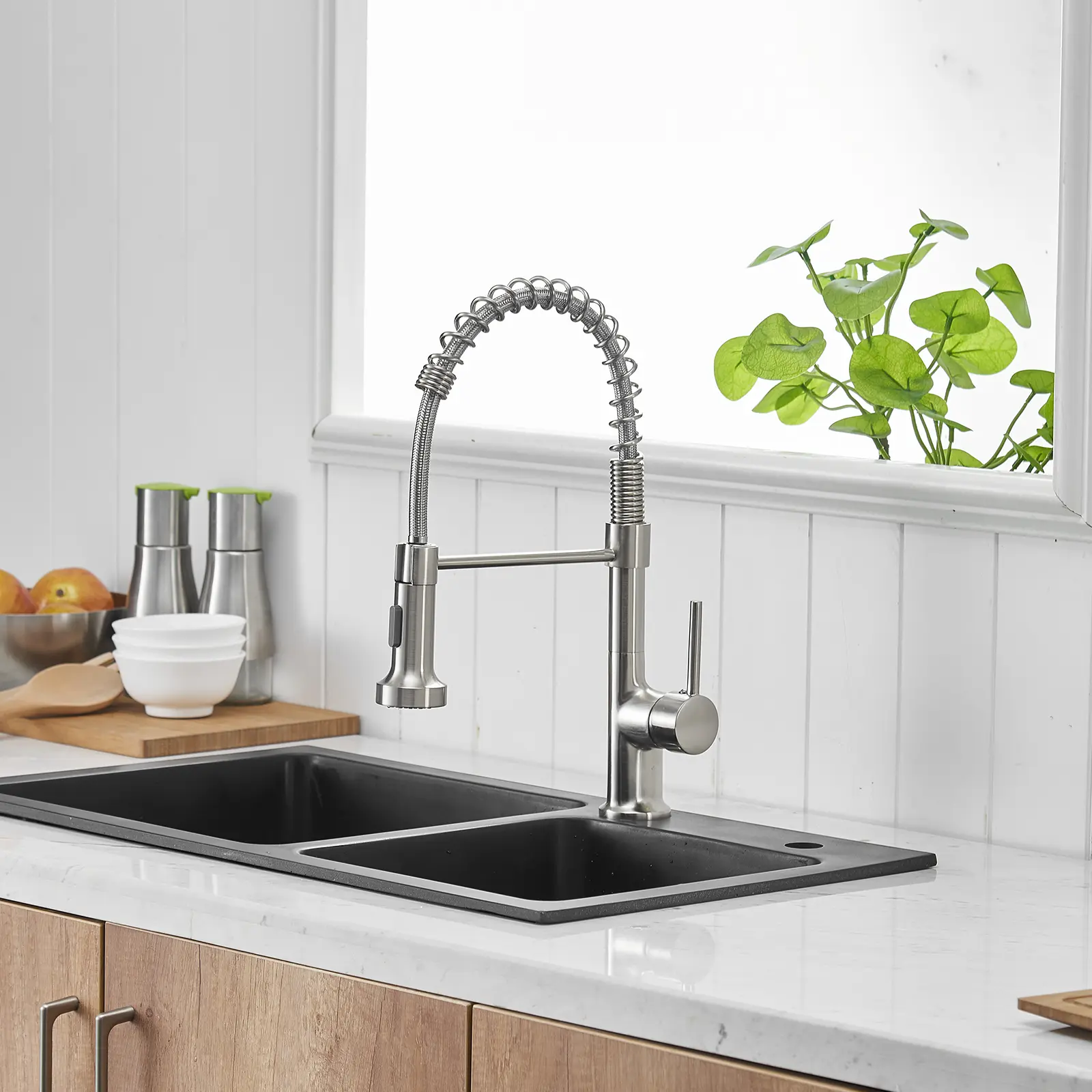 Commercial Gooseneck Kitchen Faucet with Pull-Down Sprayer, 360° Rotates, Single Handle, Dual Function Spray & Stream