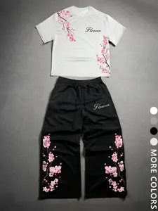 Unisex Y2K Style Sakura Two Piece Set, Cherry Blossom Print Short Sleeve T-Shirt & Wide Leg Sweatpants, Japanese Floral Streetwear, Summer Casual Wear For Anime Fans And Streetwear Lovers