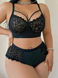 Plus Size Wireless Contrast Lace Bra & Panty Set Lingerie Black Adjustable Straps Push-Up Casual-Comfy 2 Piece Set
