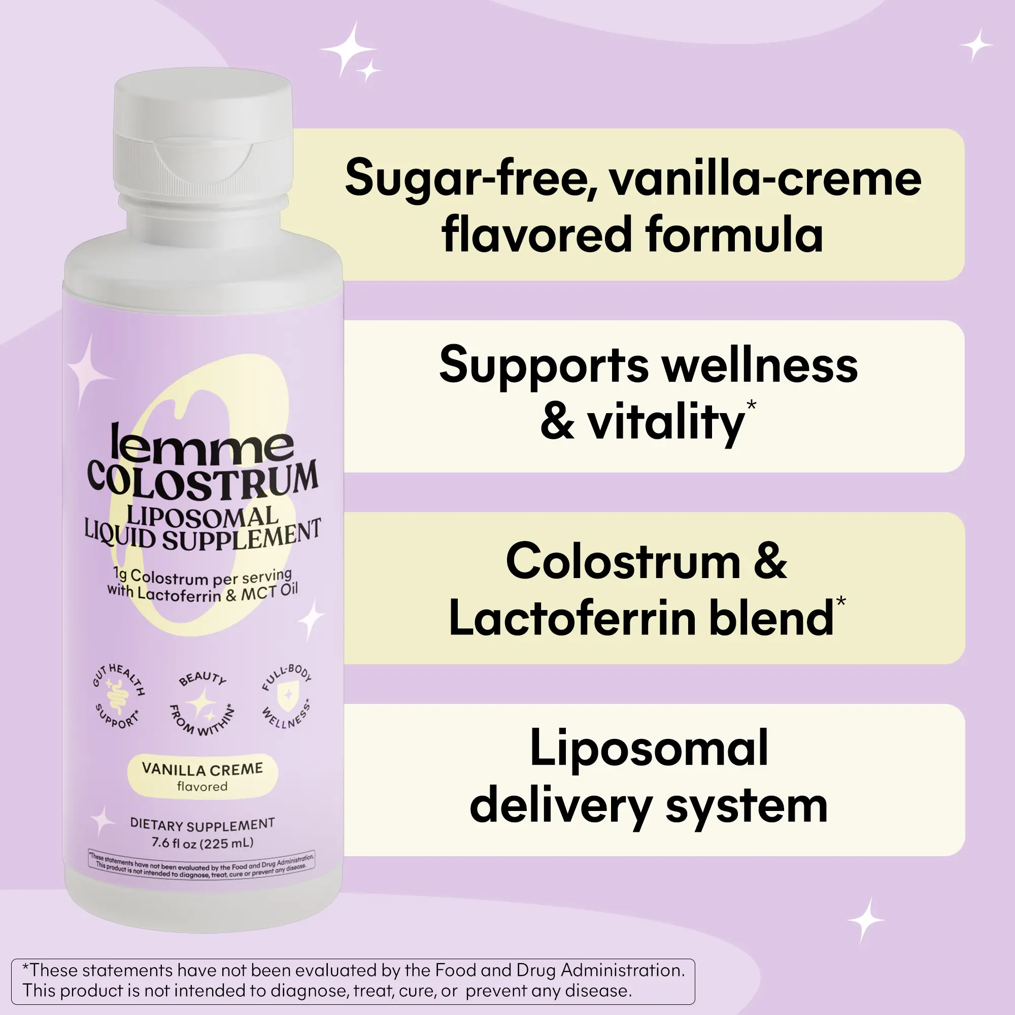 Lemme Colostrum Coffee Creamer for Gut, Skin, Hair & Healthy Aging, Sugar Free Liposomal & Grass Fed 1g Colostrum w/Lactoferrin, MCT Oil, Immunoglobulins, Vanilla Creme Flavored