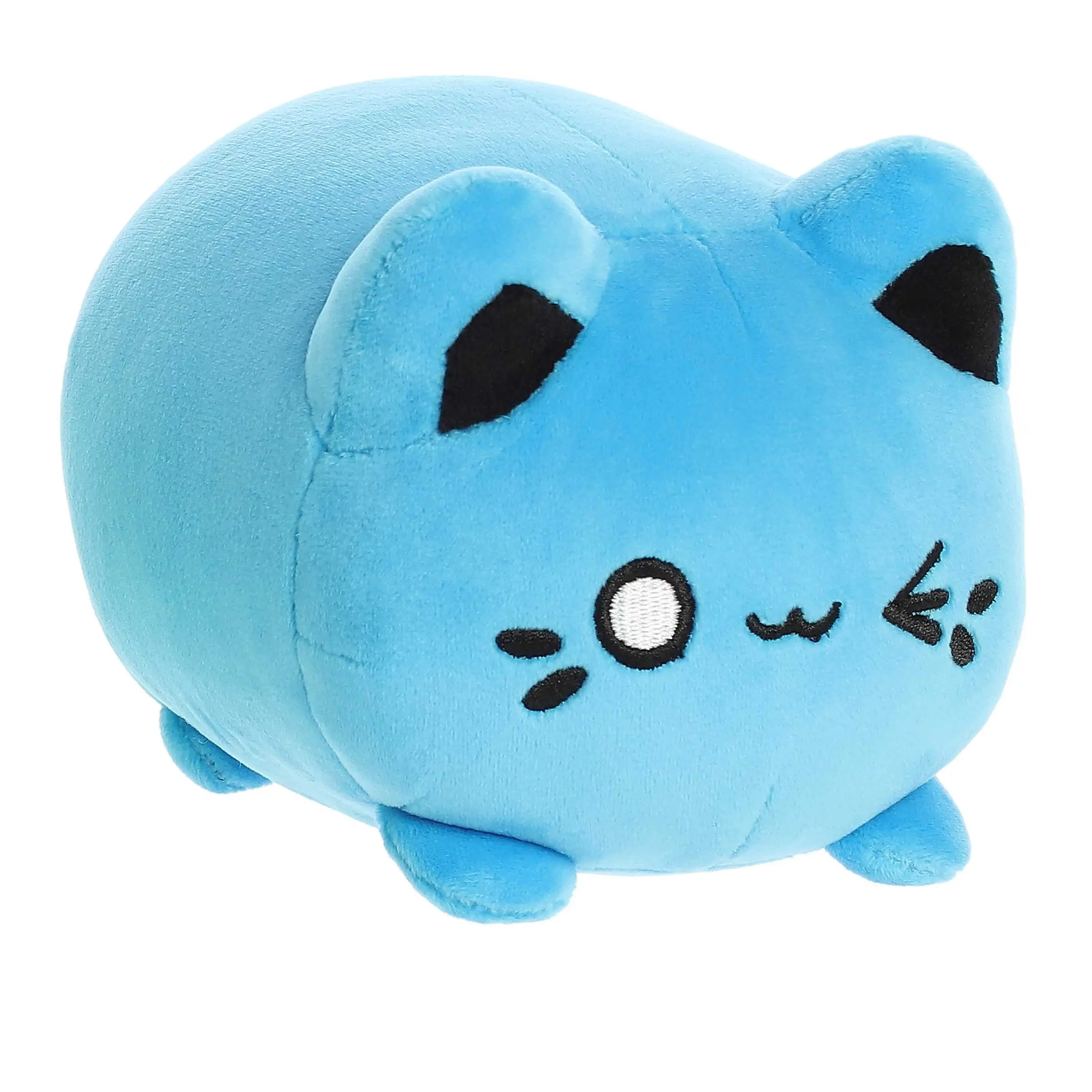 Aurora Electric Blue Meowchi 7-in Collectible Plush Toy - Plush Fabric, Round Shape, Wink Face, Tasty Peach Design Accent, 7 Inches