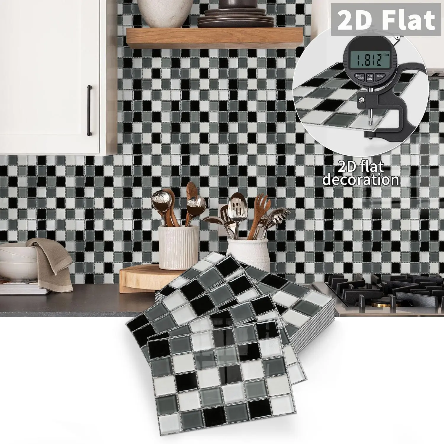10 PCS Black-White-Gray Gradient Checker Mosaic Square GST Tile Stickers | PE Crystal Foam Waterproof Anti-Collision | Peel & Stick Decor for Kitchen, Bathroom & Ceiling